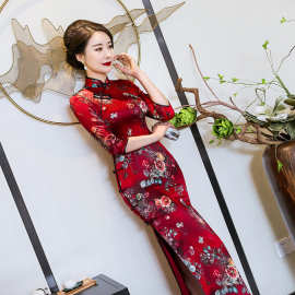 26新款秋冬中袖长款礼服真丝高端旗袍 简约时尚民国风改良旗袍裙