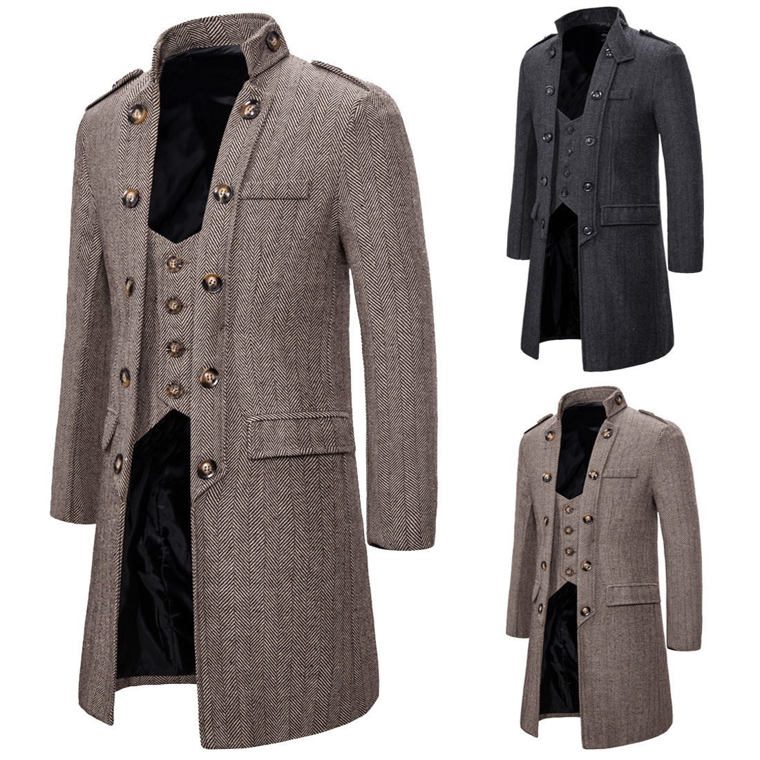 Autumn and winter new men's European medium long fake two piece woolen coat