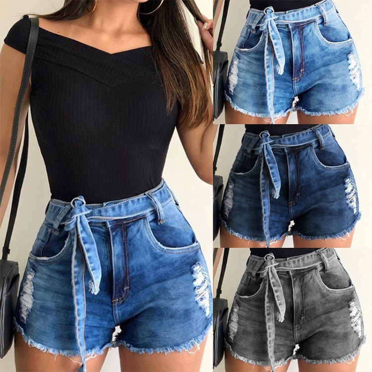 European And American Women's Jeans Shorts Lace Up Sexy Show Thin Holes Jeans Shorts