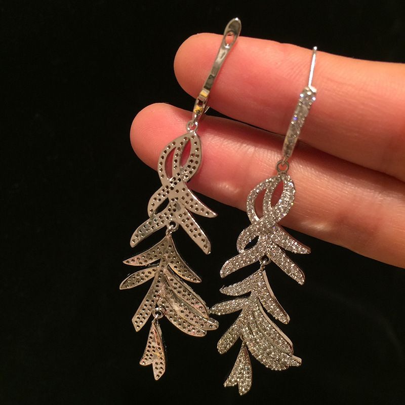 S925 Silver Needle Feather Earrings Super Flash Micro-inlaid Zircon Long Fringed Leaves Earrings display picture 3