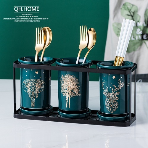 Nordic light luxury dark green chopstick tube large capacity three-tube drain chopstick holder chopstick cage knife, fork, spoon and chopstick storage box
