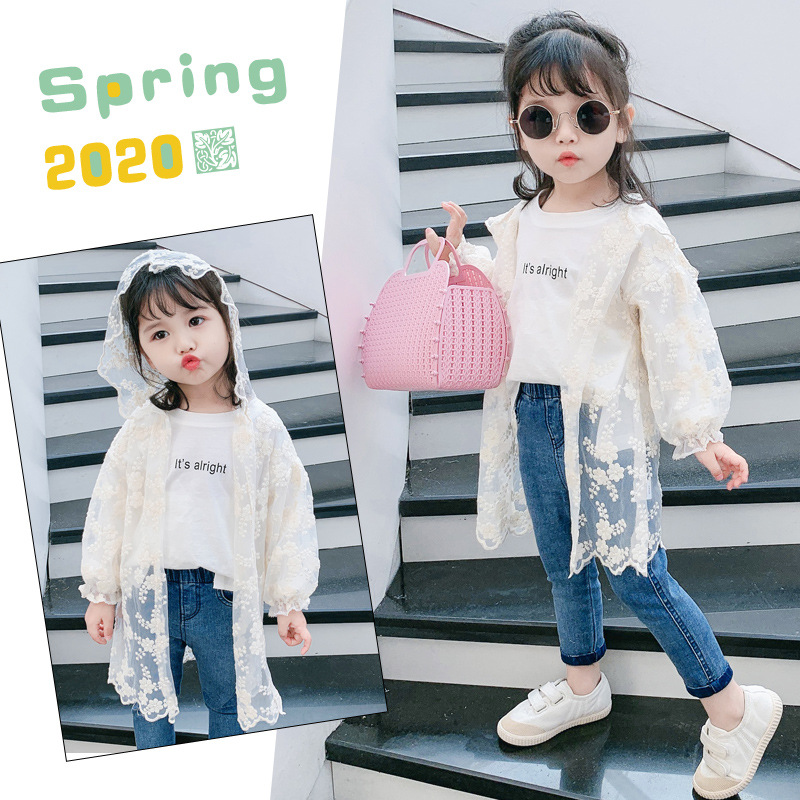 direct deal 2020 summer girl Hooded Lace Sunscreen Children Solid Cardigan coat With children