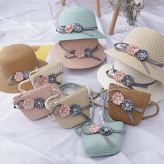 Girls straw hat children's sun hat female sun protection princess beach hat summer baby sun hat basin hat bag