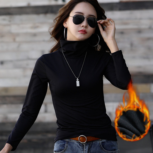 Autumn and Winter Women's High-Neck Fleece Long-Sleeve T-shirt Women Solid Color Plus Size Women's Clothing