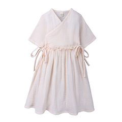 New Summer Collection: Artistic Cotton-Linen Girls' Dress with Lace-Up Design, Short Sleeves – Children's Wear Wholesale, Drop Shipping Available