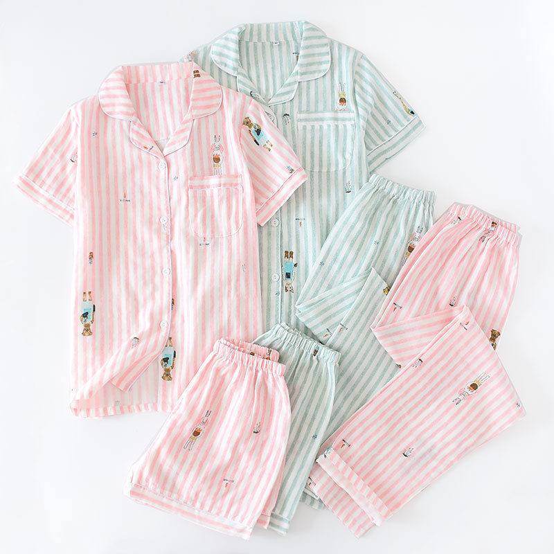 Women's Plus Size Cotton Short Sleeve Pajamas Three-piece Set