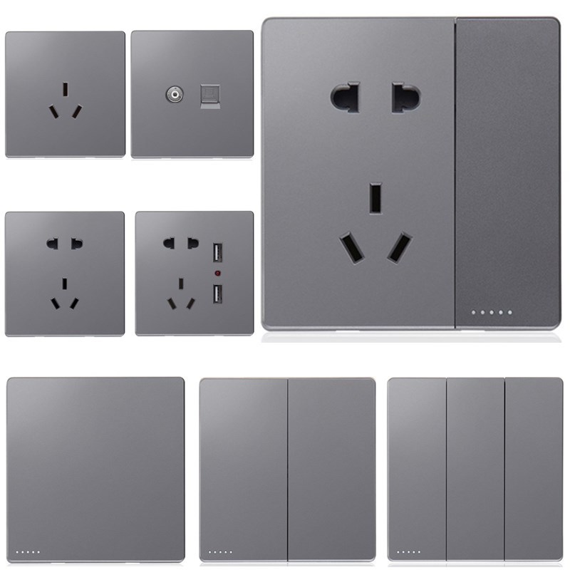 五孔插座墙壁开关插座面板86型灰色全面屏三孔单控一开二开单开
