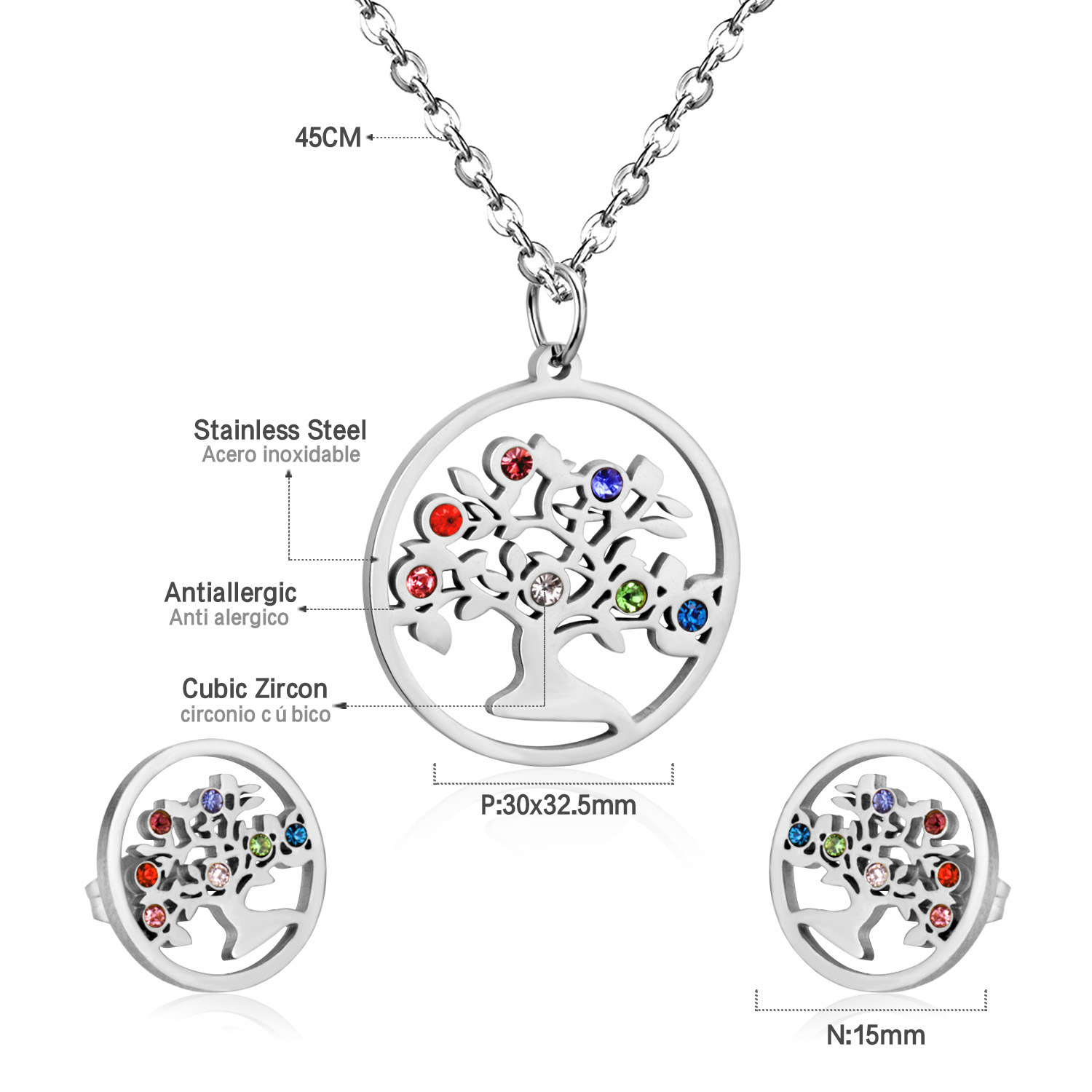 Simple Style Tree Stainless Steel Plating Zircon Earrings Necklace 1 Set display picture 1