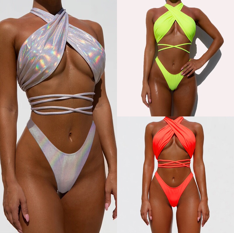 2020 European and American New Sexy Cross Strap bikini Bright Leather Women's Swimsuit AliExpress Explosions bikini