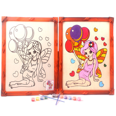 廠家直銷16寸仿古木框畫兒童塗鴉水彩畫公園廣場擺攤配12色丙烯