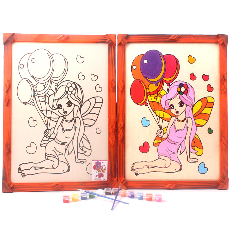 廠家直銷16寸仿古木框畫兒童塗鴉水彩畫公園廣場擺攤配12色丙烯