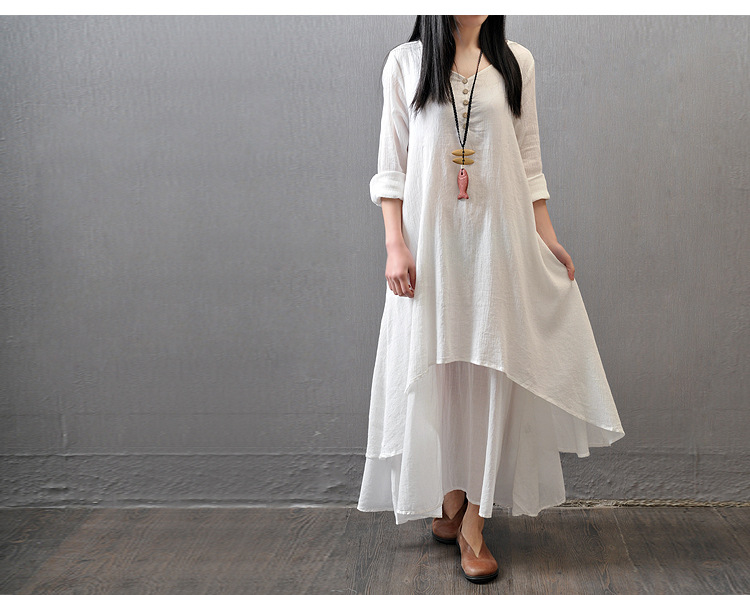 Loose Cotton & Linen Fake 2 Piece Long Dress NSYF47097