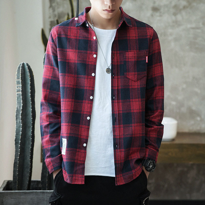 春季新款2019男士衬衫青年长袖格子休闲衬衣春秋男装学生修身寸衫|ru