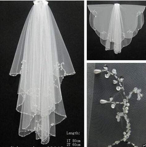 外貿批發新娘頭紗婚紗禮服配件兩層精美手工串珠彎鈎造型婚紗面紗