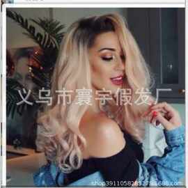 外贸欧美热销时尚化纤假发T色渐变大波浪长卷发女士假发套可代理
