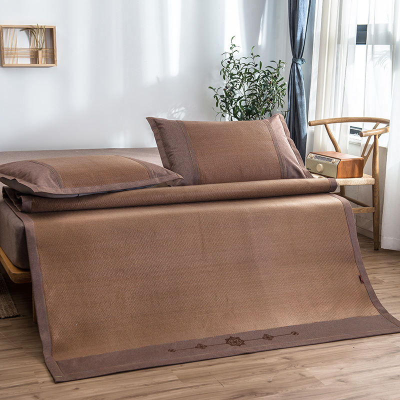 2019新款冰藤席 繡花冰絲涼席三件套1.5m/1.8m床 咖啡