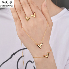 European and American new fashion jewelry wholesale stainless steel simple V-shaped necklace bracelet earrings women's set manufacturer