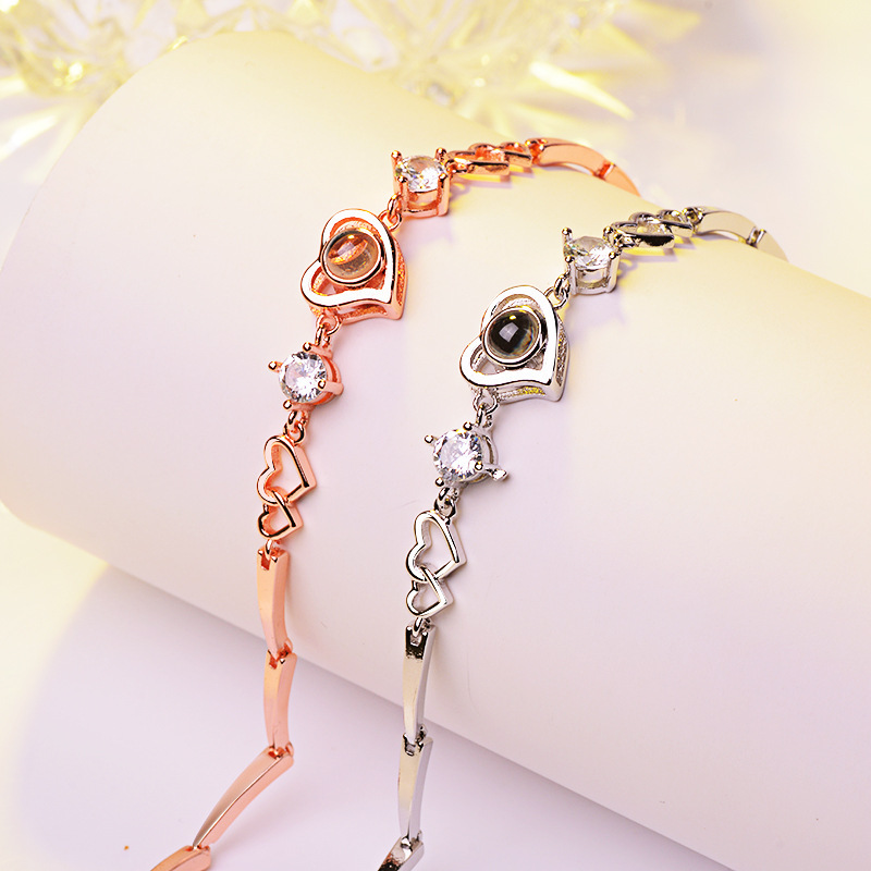 Love-shaped 925 silver bracelet net red trembles with 100 languages I love your memory bracelet valentine's day gift