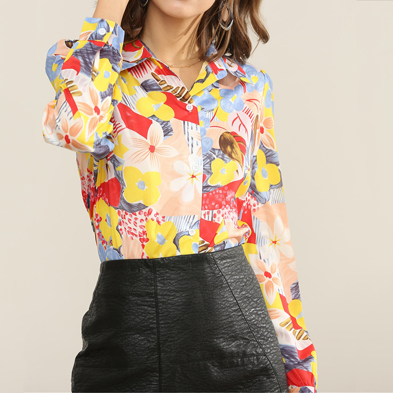 flower printing casual loose long-sleeved chiffon shirt NSGE37764