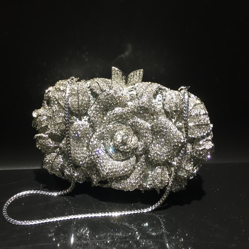 Túi clutch nữ đính kim cương hoa rỗng dạ tiệc — Nền vàng kim cương trắng, Đế vàng kim cương, Màu vàng kim, Màu đen chi tiết 29