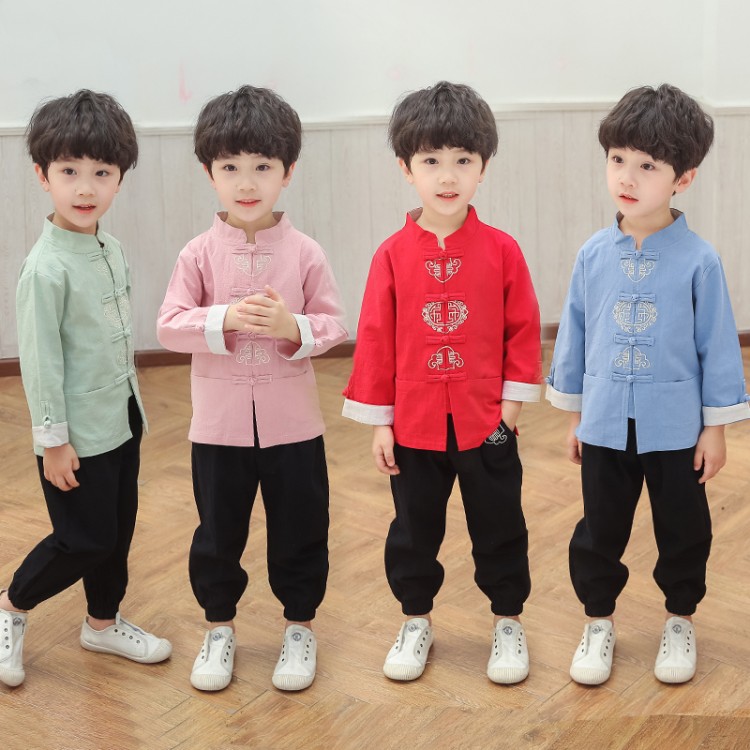 儿童汉服男童套装2019秋季中国风童装中大童棉麻唐装古装两件套