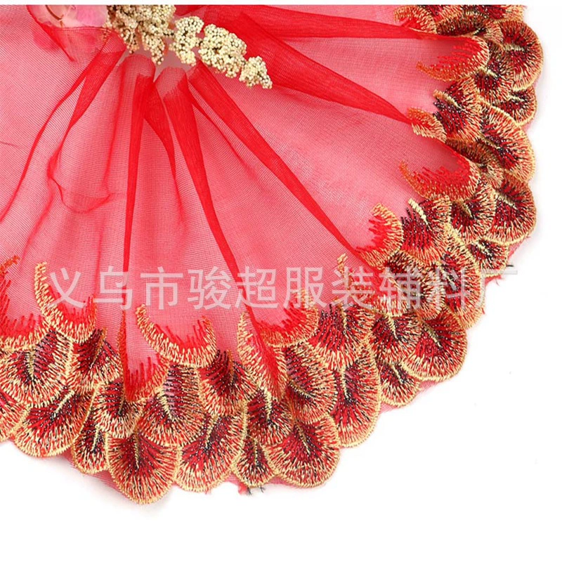 JunChao Lace: Golden Wire Mesh Peacock Feather Embroidered Lace Trim for Textiles, Crafts, and Dolls