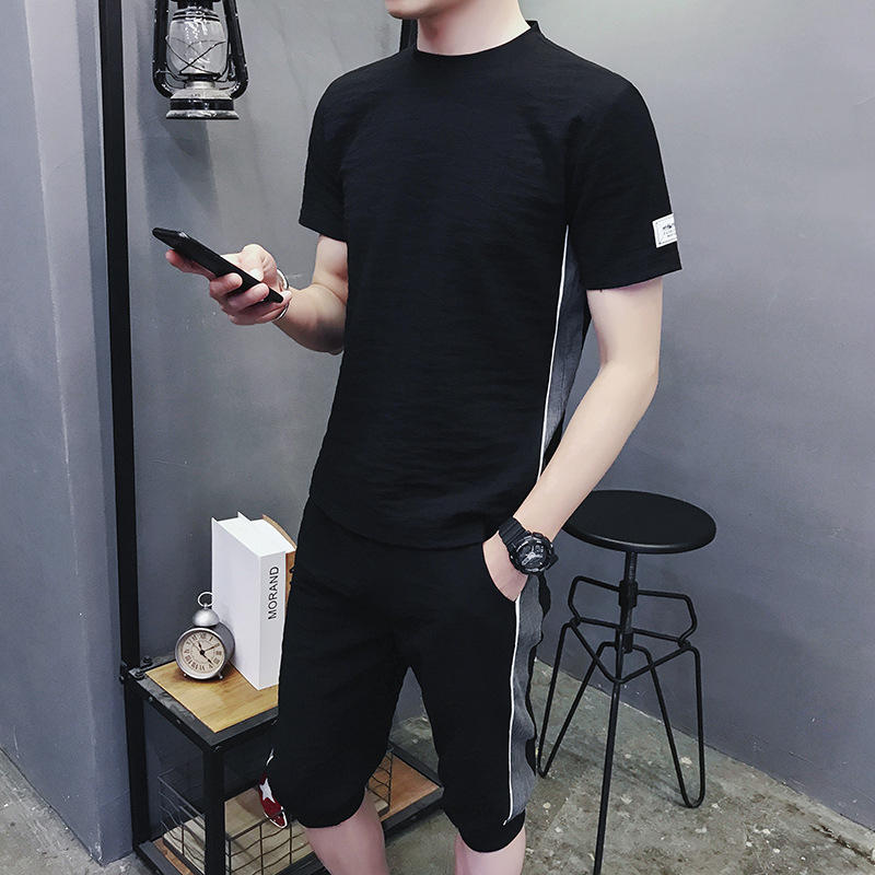 2019新款潮牌男式休闲套装休闲裤男士短袖T恤运动套装束脚七分裤|ms
