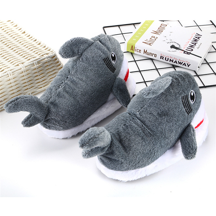 Pantofole di peluche con testa di squalo, suola spessa, 3D, per interni, calde, casa, cartone animato, scarpe di cotone_voghion.com