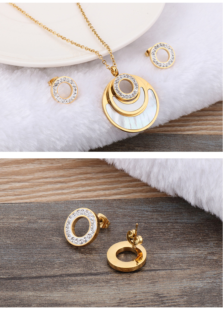 new simple round diamond shell earrings necklace set wholesale Nihaojewelry
