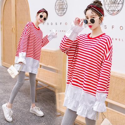 宽松时尚孕妇卫衣韩版孕妇装条纹中长款上衣大码潮妈衣服Y-1902