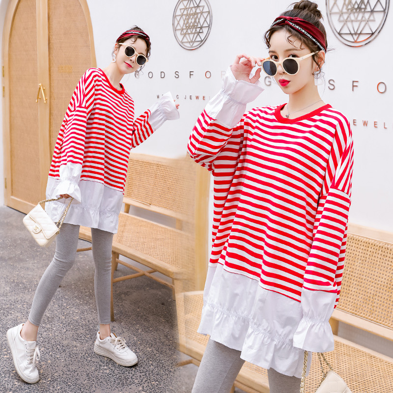 宽松时尚孕妇卫衣韩版孕妇装条纹中长款上衣大码潮妈衣服Y-1902