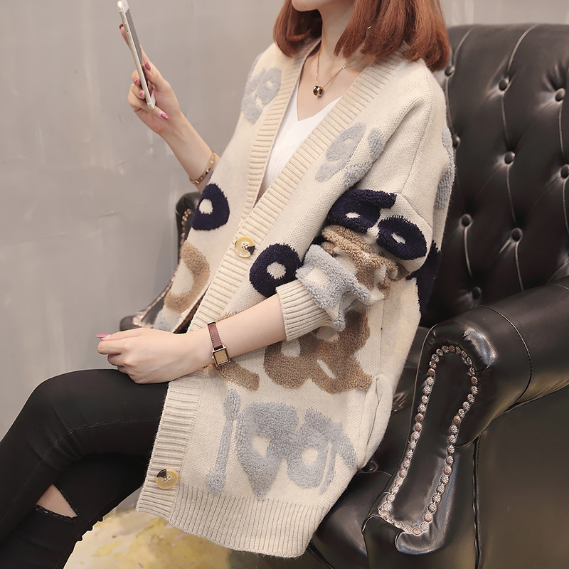 Cárdigan de punto informal con estampado de letras y manga larga 2025, estilo coreano, holgado, para embarazadas, otoño, nuevo suéter con bloques de color, chaqueta para mujer image 3