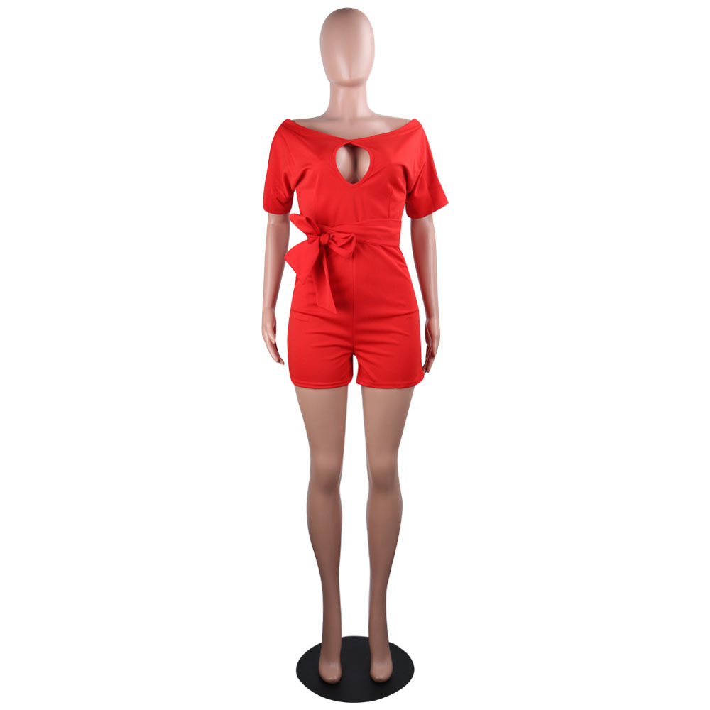 Classic Solid Color Round Neck Hollow Out Cutout Out Short Sleeved Jumpsuit