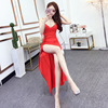 V-neck pleated slim fit slit nightclub suspender dress