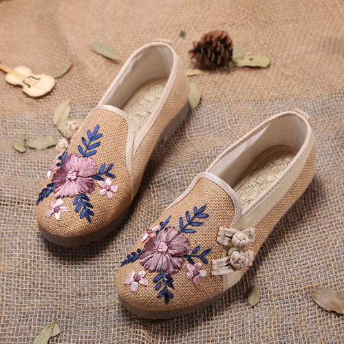 Chinese folk qipao cheongsam hanfu dress clothing shoes for women old Beijing cloth shoes embroidered shoes belt buckle with beef tendon with flat bottom single flax