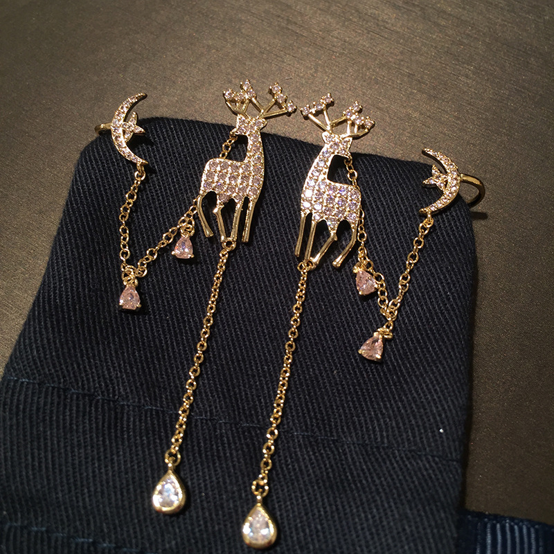 S925 Silver Needle Christmas Deer Long Tassel Earrings Pink Star Moon Ear Bone Clip Earrings display picture 6