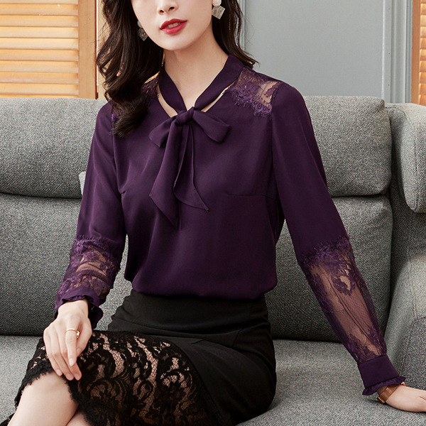 Women’s spring autumn Korean V-Neck long sleeve tie lace Fashion Chiffon