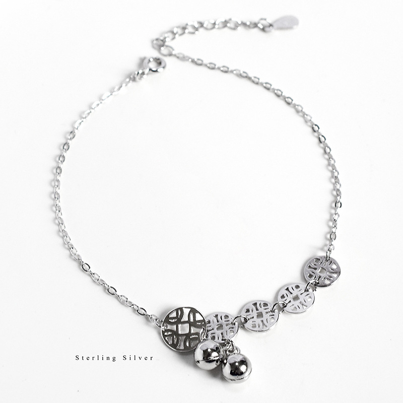 s925纯银铃铛金钱脚链民族风气质女款招财铜钱币脚饰个性气质饰品|ru