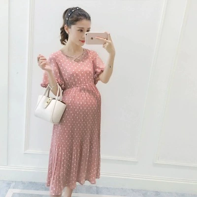 Реальная цена материнства платье 2024 лето розовый горошек с коротким рукавом беременных женщин платье для похудения шифон платье материнства