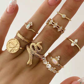 欧美复古镶钻戒指套装 9个组合蛇形缠绕雕花猫眼石9件套装戒指