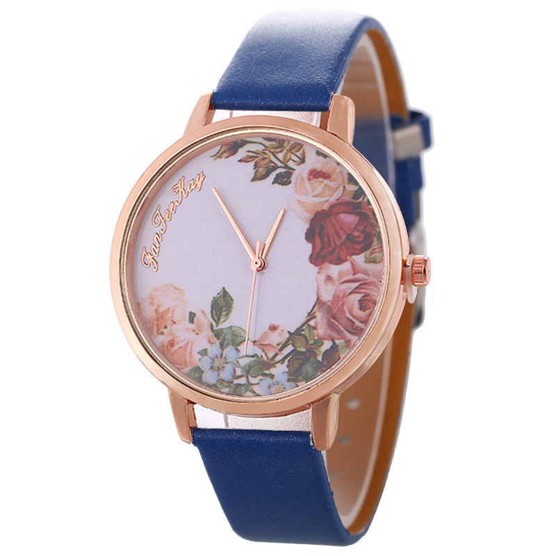Moda simple rosa flor correa reloj dulce estilo PU correa de cuero fino reloj de cuarzo para mujerpicture1