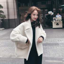 实拍主推ins甜美宽松水貂绒西装领一粒扣小个子毛呢短外套女秋冬