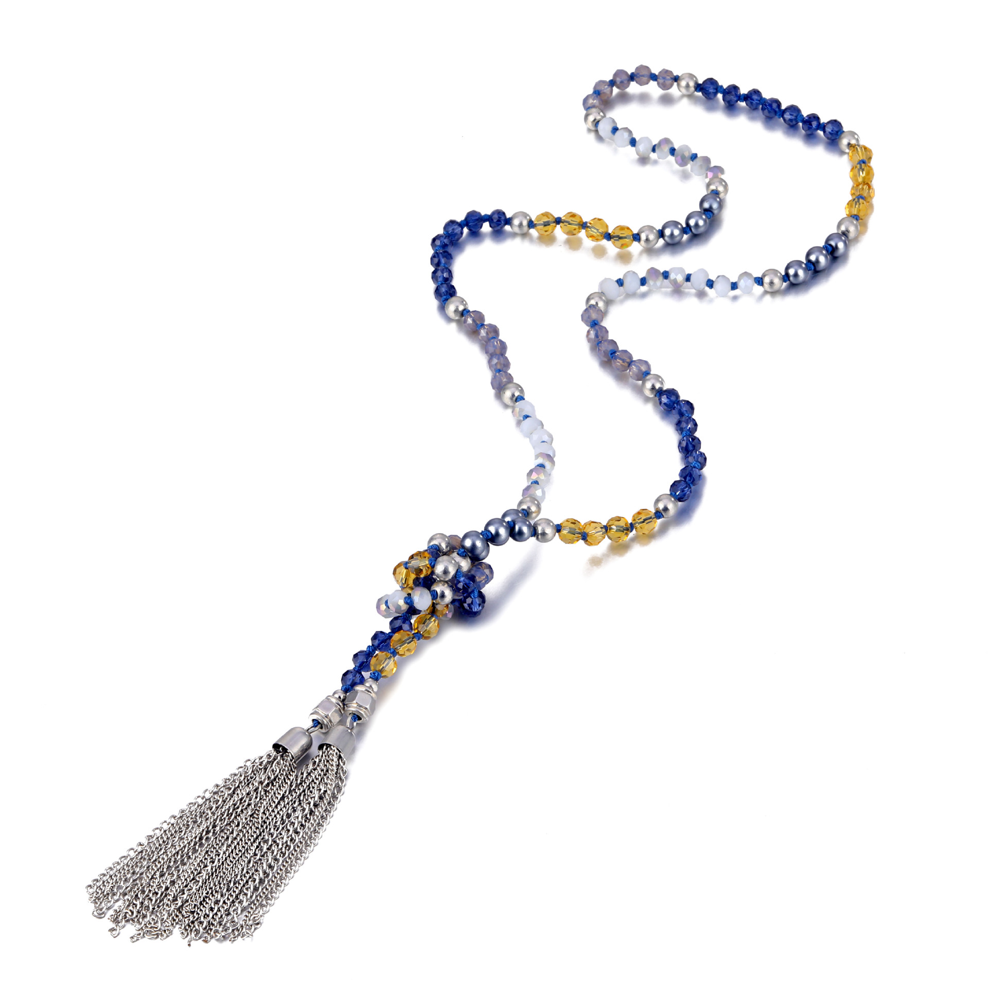 欧美手工打结多彩玻璃珠尼泊尔民族风奢华流苏长款项链首饰2019