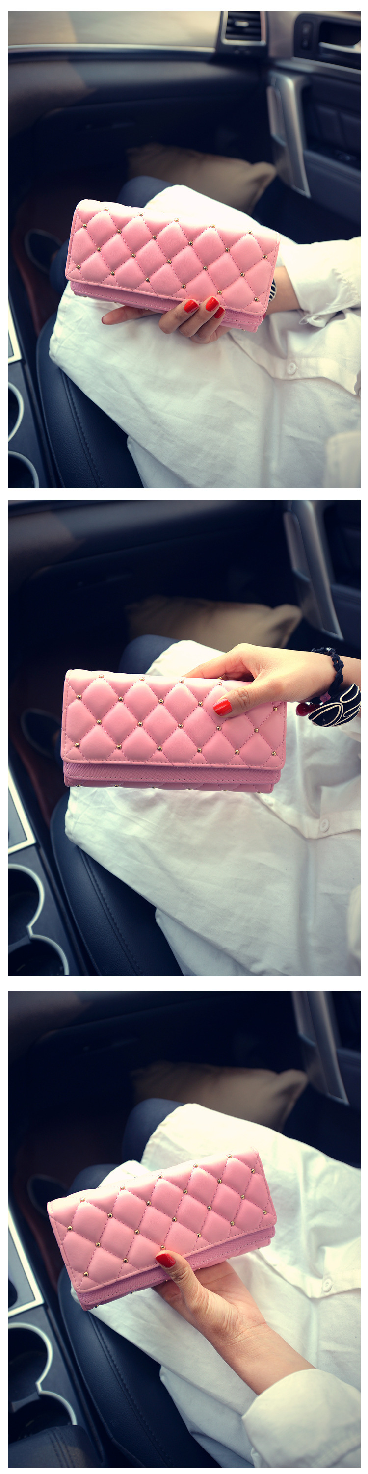 195g Weight Polyester Lining Material Magnetic Buckle Closure Type Pu Leather Material Solid Color Pattern Women'S Gender Fashion Style Square Shape Pink, Champagne, Black Color Korean  Diamond Tri-fold Large-capacity Wallet Wholesale 7