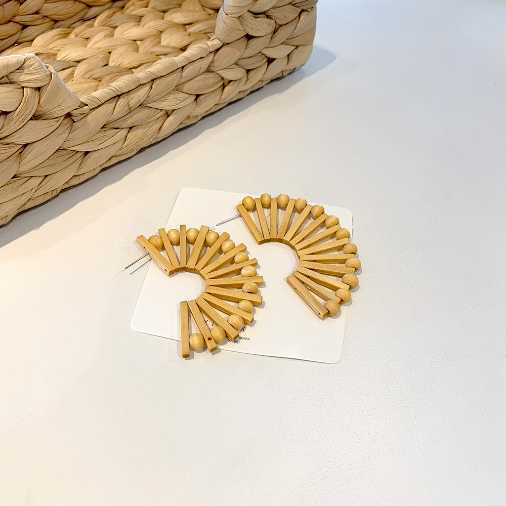 Wood Material Round, Sector Pattern Women'S Gender 1 Pair Retro Round Sector Wood Women's Earrings