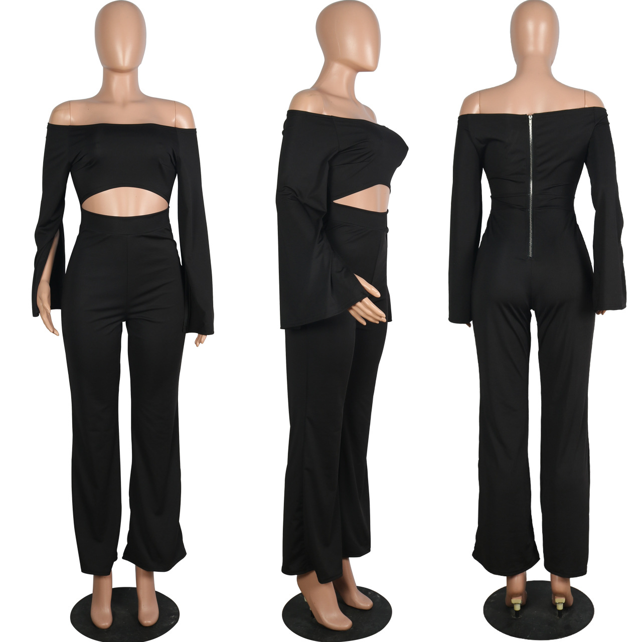 Boutique Casual Solid Color Long Sleeves Cropped off Shoulder Jumpsuit