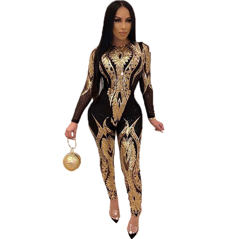 Sequined Long-Sleeved See-Through Jumpsuit NSCYF73118