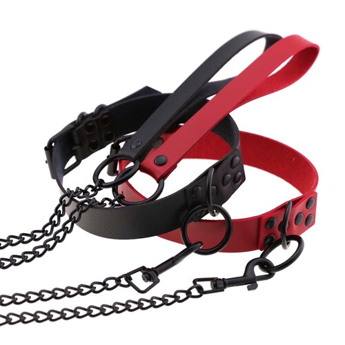 Women's men's sexy dark alternative personality leather collar necklace traction rope black nail O-shaped collar traction belt
