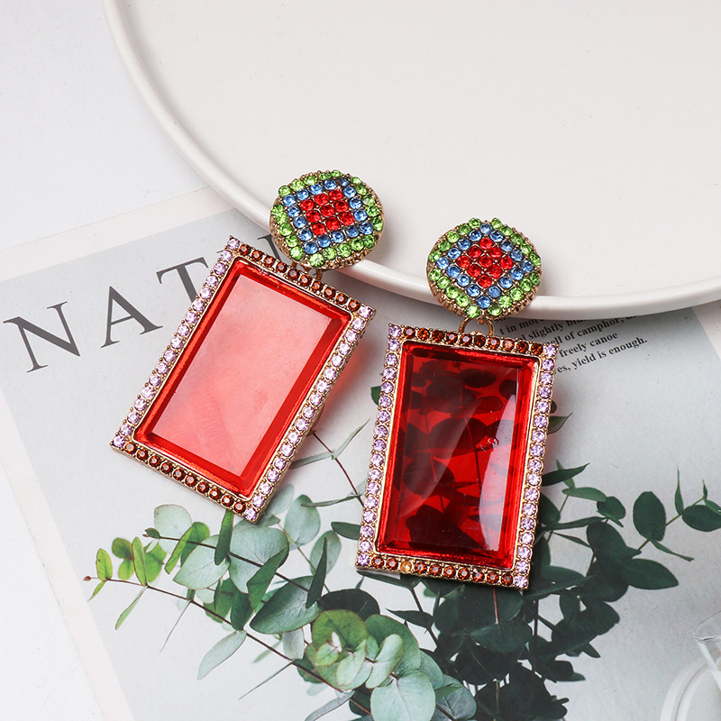 New Retro Geometric Square Red Earrings display picture 2