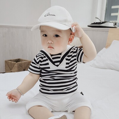 Chenchen baby clothes Newborn baby clothes Female baby Summer wear stripe T-shirt Boy Navy loaded children jacket